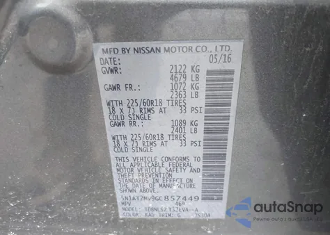 2016 Nissan Rogue Sl z USA, uszkodzony, nr VIN 5N1AT2MV9GC857449